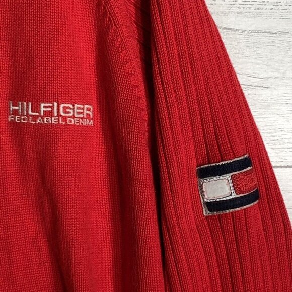 Vintage Y2K Tommy Hilfiger Red Sweater Ribbed Arms Back Flag Logo - Picture 2 of 5